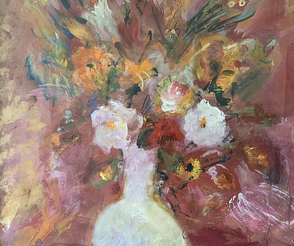 An early 20th-century floral still life oil painting featuring pink and yellow flowers in a light vase, enclosed in a carved giltwood frame. View V