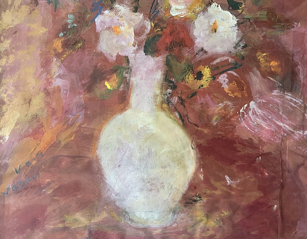 An early 20th-century floral still life oil painting featuring pink and yellow flowers in a light vase, enclosed in a carved giltwood frame. View VI