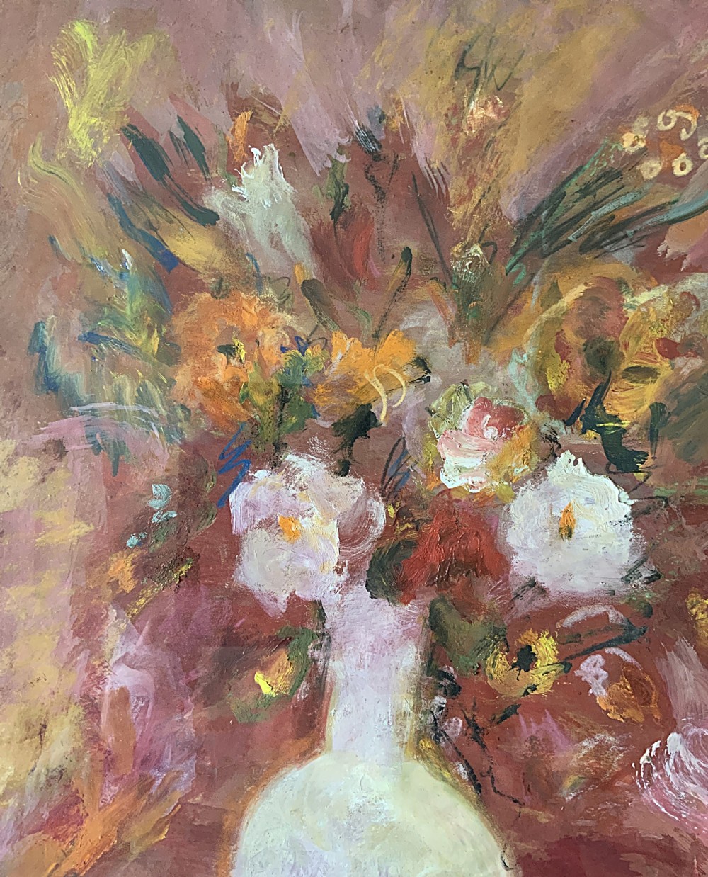 An early 20th-century floral still life oil painting featuring pink and yellow flowers in a light vase, enclosed in a carved giltwood frame. View VII