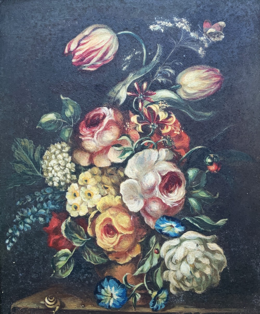 Beautiful Late 19th-Century Dutch Antique Still Life Tulips & Roses Oil Painting View II