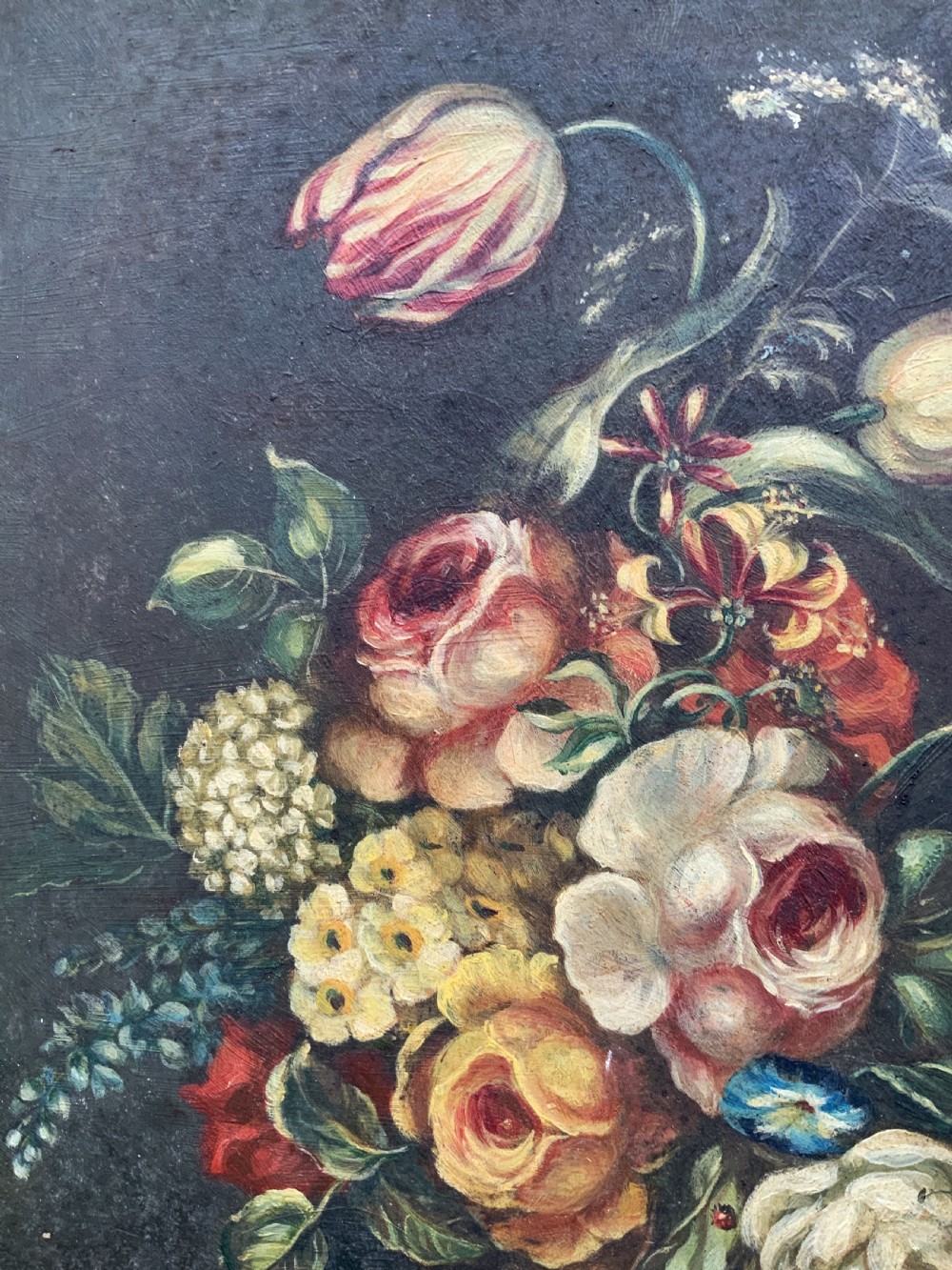 Beautiful Late 19th-Century Dutch Antique Still Life Tulips & Roses Oil Painting View VIII