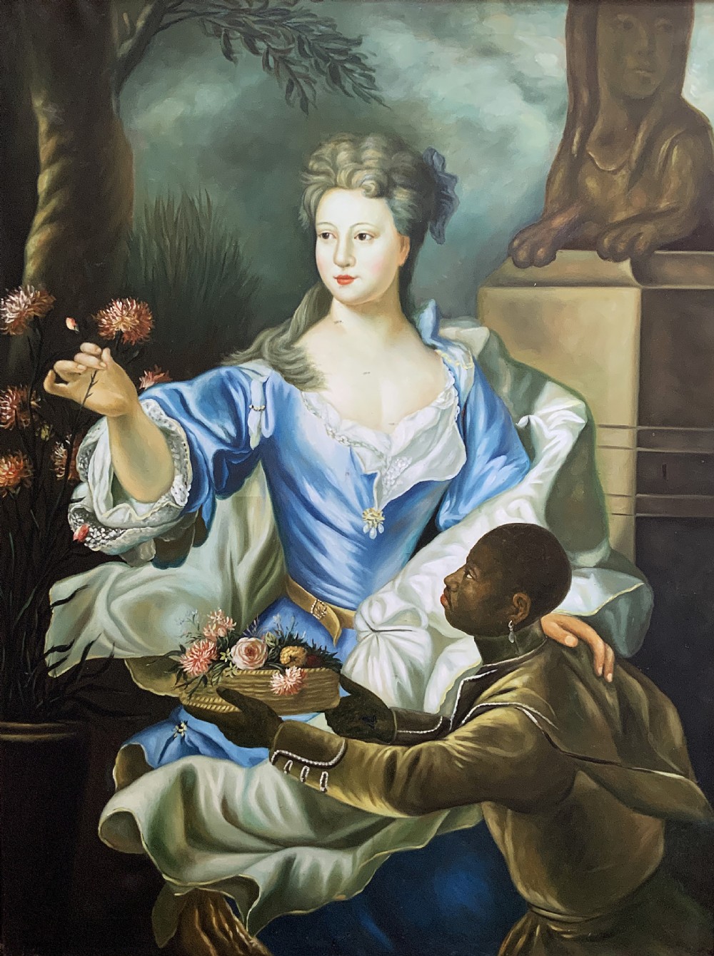 A Georgian-style oil painting on canvas depicting a noblewoman in a blue gown holding flowers alongside an attendant, housed in a moulded wood frame. View III