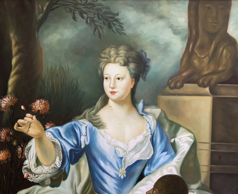 A Georgian-style oil painting on canvas depicting a noblewoman in a blue gown holding flowers alongside an attendant, housed in a moulded wood frame. View IV