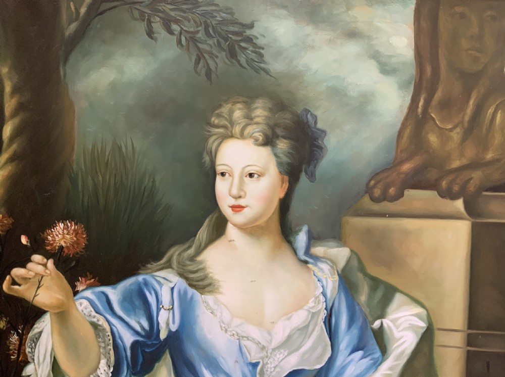 A Georgian-style oil painting on canvas depicting a noblewoman in a blue gown holding flowers alongside an attendant, housed in a moulded wood frame. View V
