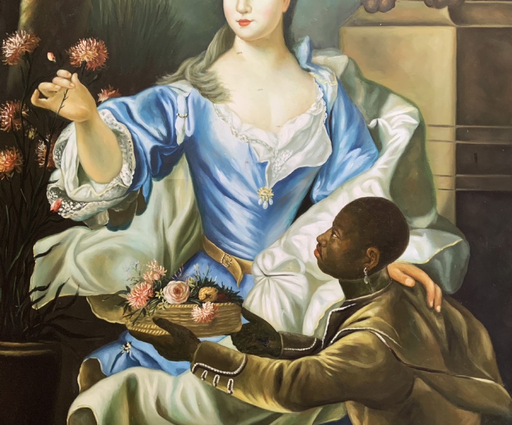A Georgian-style oil painting on canvas depicting a noblewoman in a blue gown holding flowers alongside an attendant, housed in a moulded wood frame. View VI