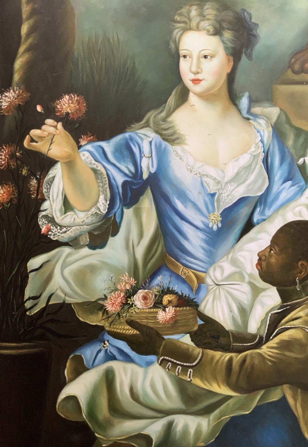 A Georgian-style oil painting on canvas depicting a noblewoman in a blue gown holding flowers alongside an attendant, housed in a moulded wood frame. View VIII
