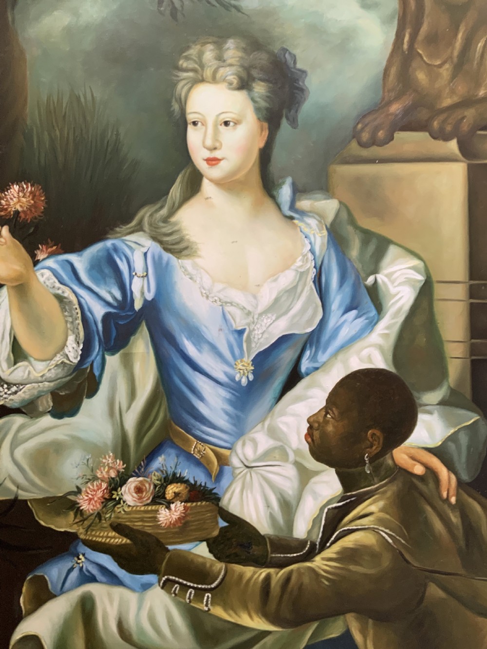 A Georgian-style oil painting on canvas depicting a noblewoman in a blue gown holding flowers alongside an attendant, housed in a moulded wood frame. View IX
