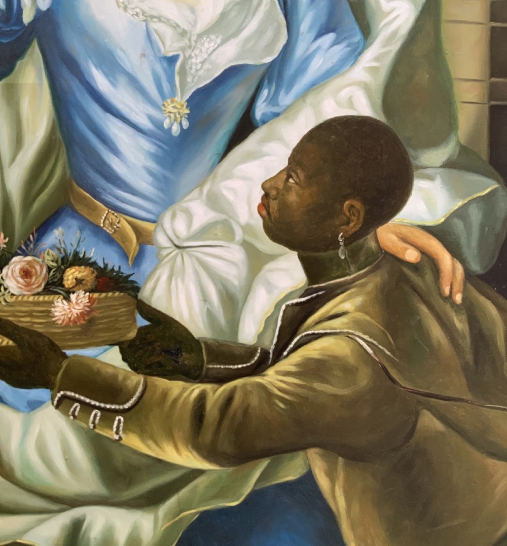 A Georgian-style oil painting on canvas depicting a noblewoman in a blue gown holding flowers alongside an attendant, housed in a moulded wood frame. View XI