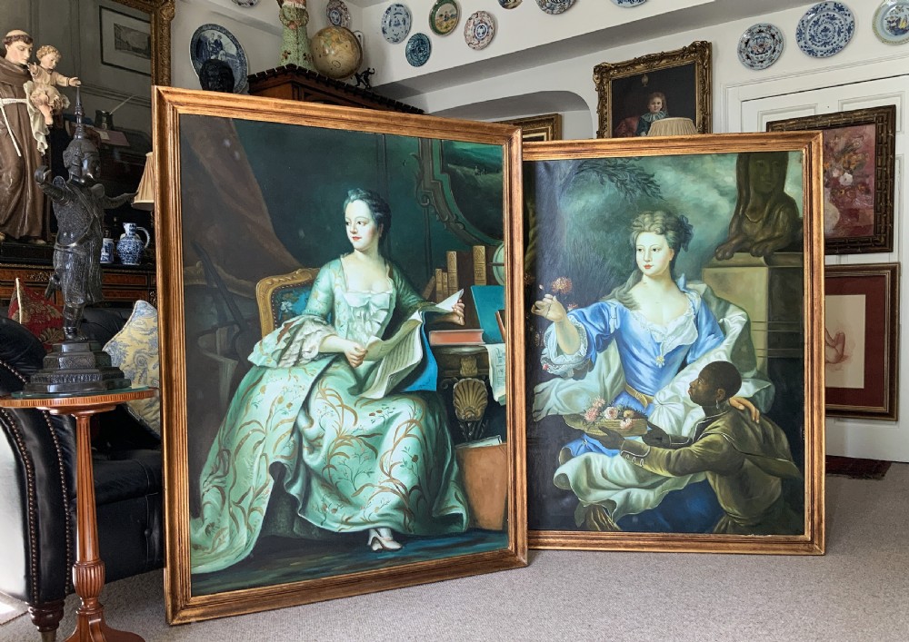 A Georgian-style oil painting on canvas depicting a noblewoman in a blue gown holding flowers alongside an attendant, housed in a moulded wood frame. View XIV