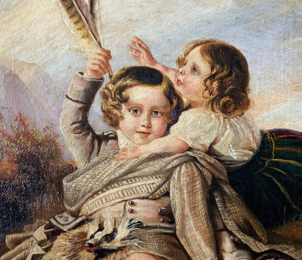 A 19th-century framed oil painting depicting two young children in traditional Scottish Highland dress set within a molded timber frame. View V