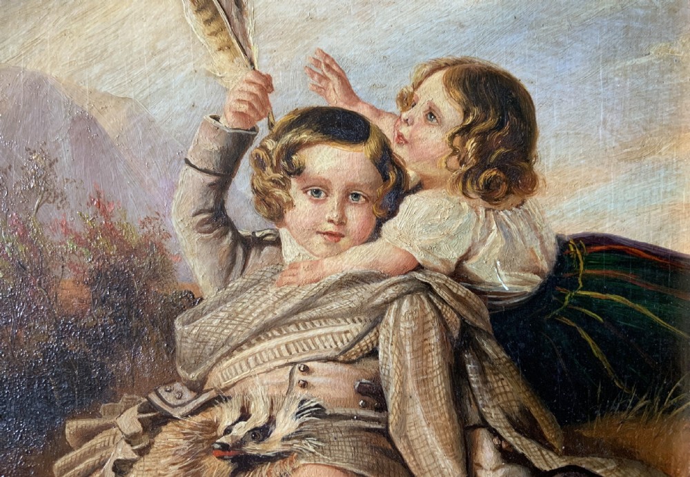 A 19th-century framed oil painting depicting two young children in traditional Scottish Highland dress set within a molded timber frame. View VIII