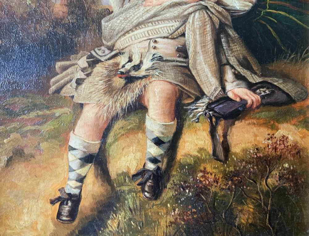 A 19th-century framed oil painting depicting two young children in traditional Scottish Highland dress set within a molded timber frame. View IX