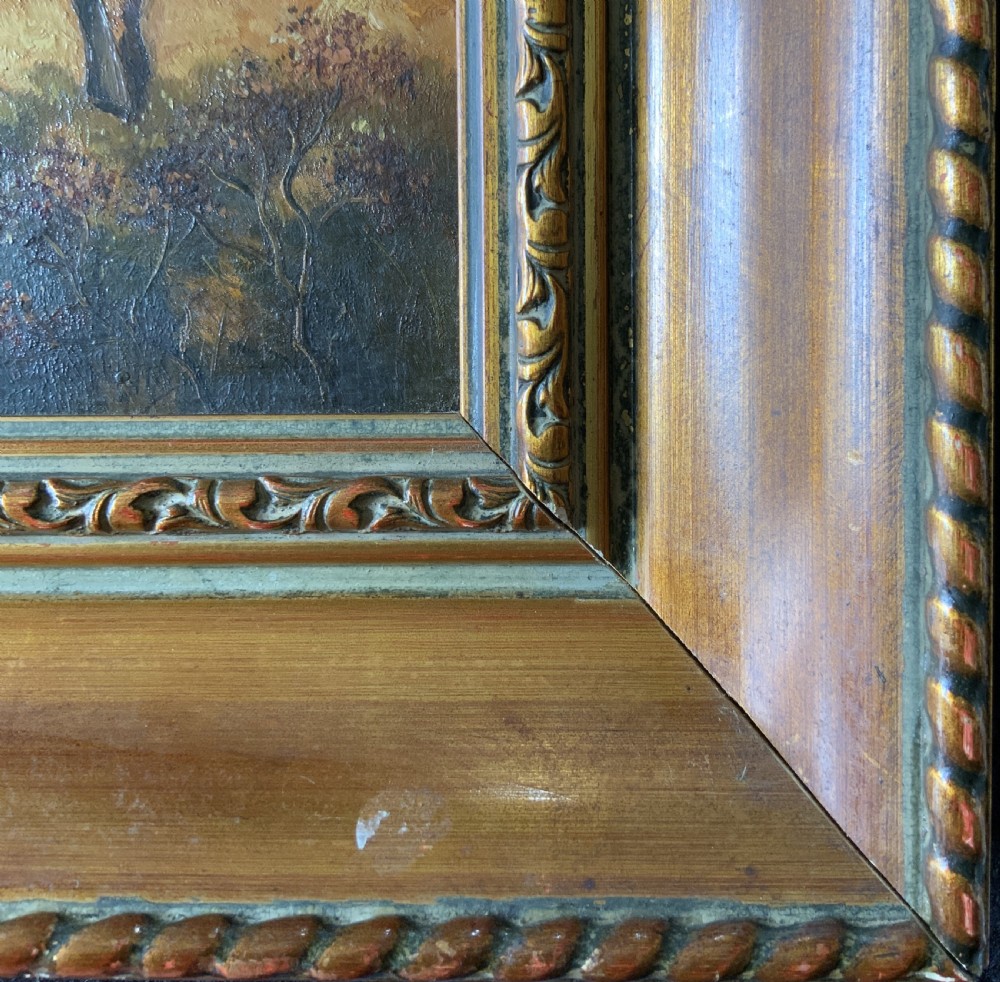 A 19th-century framed oil painting depicting two young children in traditional Scottish Highland dress set within a molded timber frame. View X