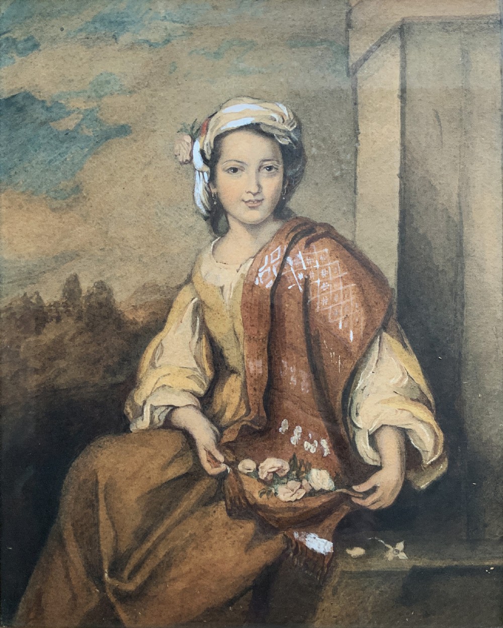 A framed watercolour portrait of a young woman wearing a turban headscarf and holding flowers in a draped shawl. View II