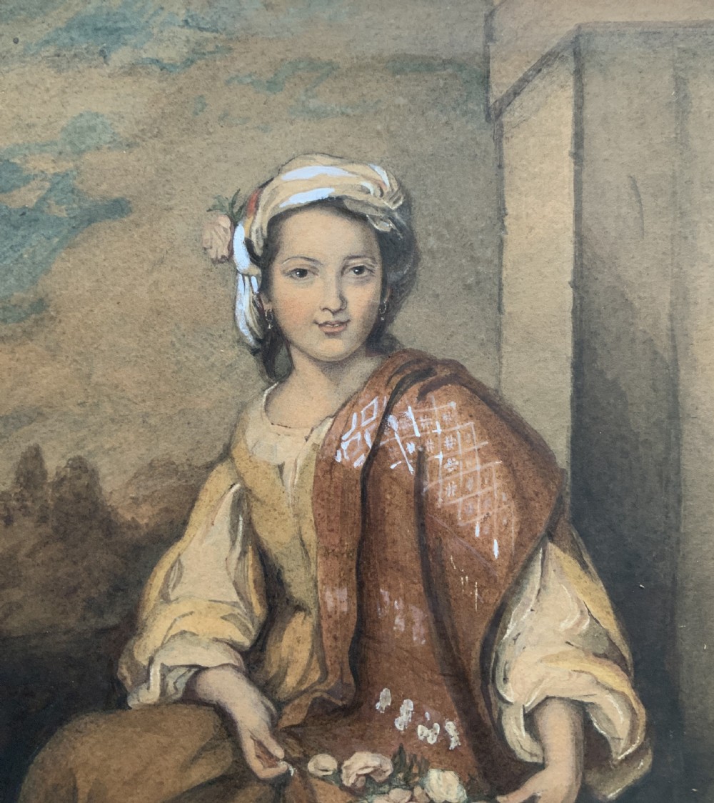 A framed watercolour portrait of a young woman wearing a turban headscarf and holding flowers in a draped shawl. View III