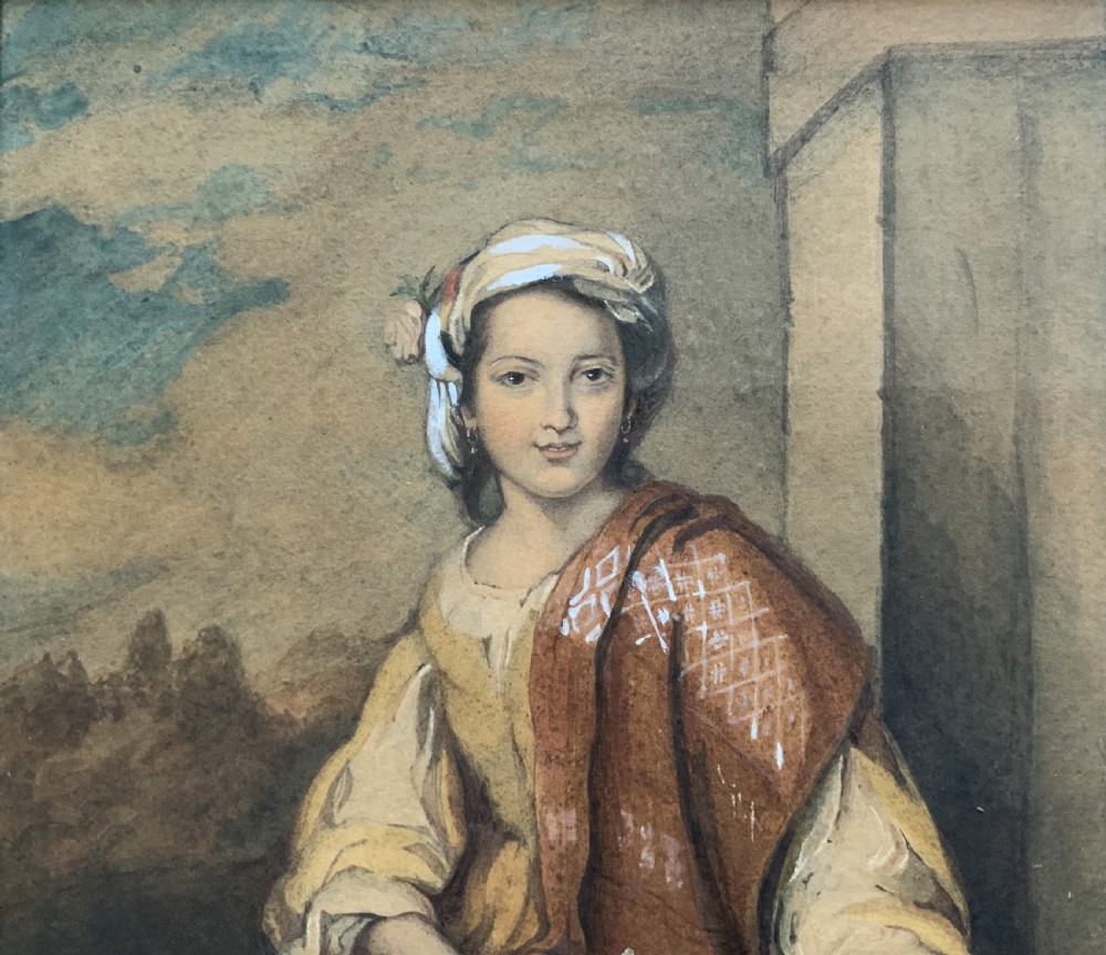 A framed watercolour portrait of a young woman wearing a turban headscarf and holding flowers in a draped shawl. View V
