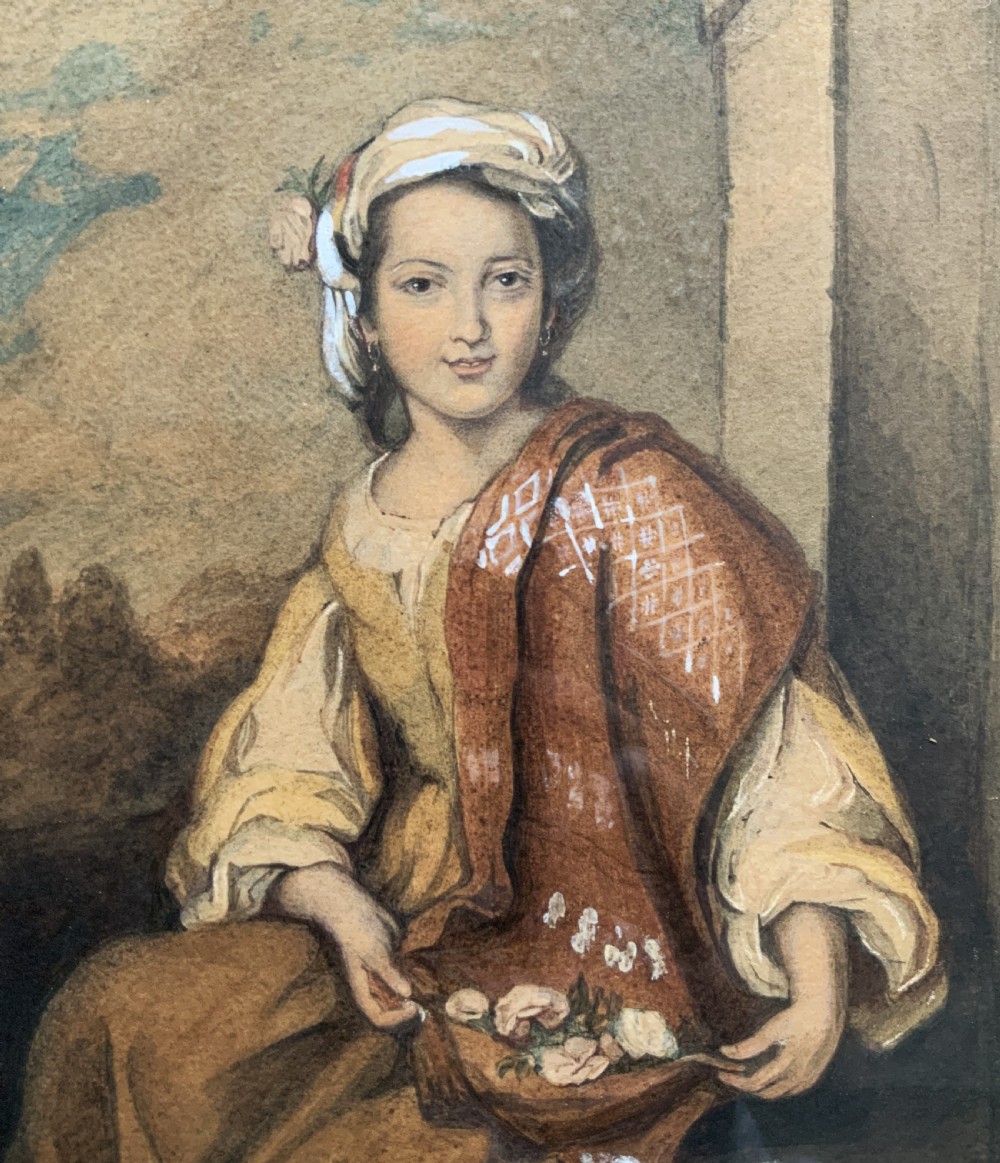 A framed watercolour portrait of a young woman wearing a turban headscarf and holding flowers in a draped shawl. View VI