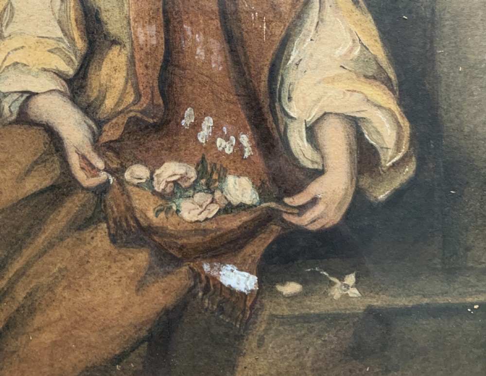 A framed watercolour portrait of a young woman wearing a turban headscarf and holding flowers in a draped shawl. View VII