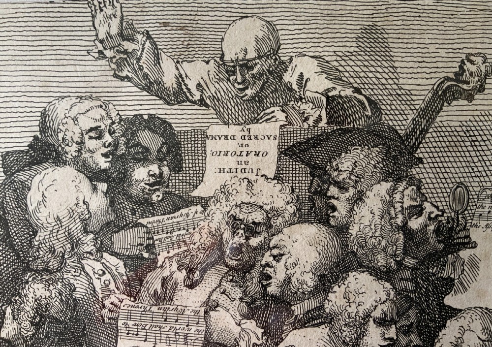A framed monochrome etching depicting a group of 18th-century choir singers holding music scores, set within a cream mount and a black and gold moulding frame. View III