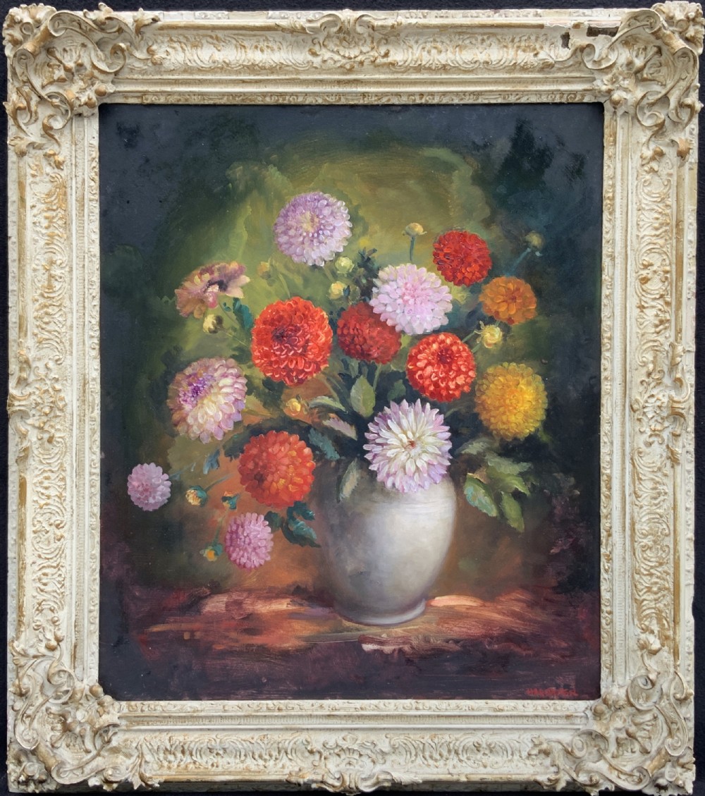 Large Superb Still Life of Dahlias Oil Painting by James Hardaker (1901-1991)