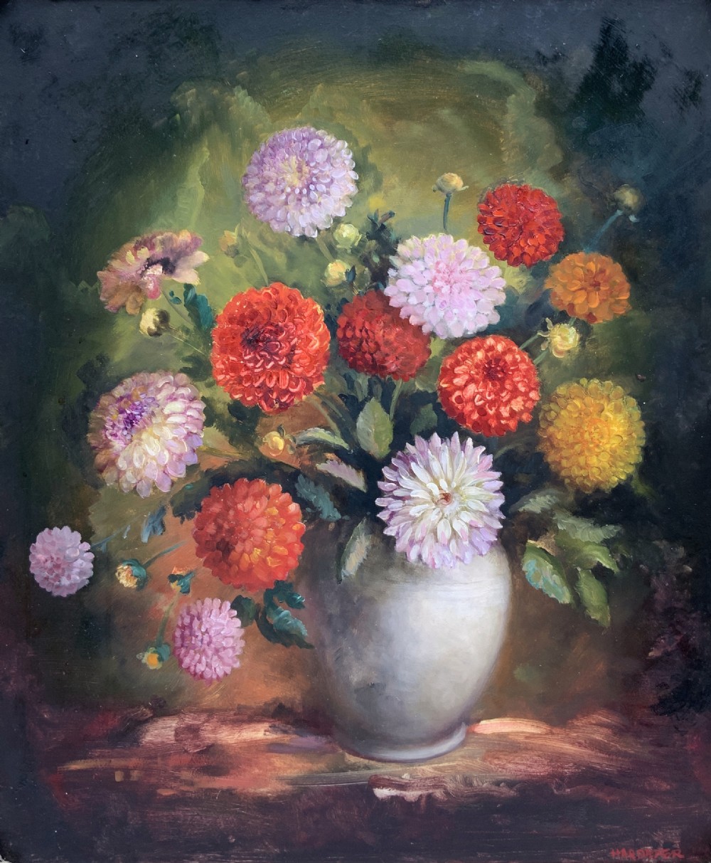 Large Superb Still Life of Dahlias Oil Painting by James Hardaker (1901-1991) View III