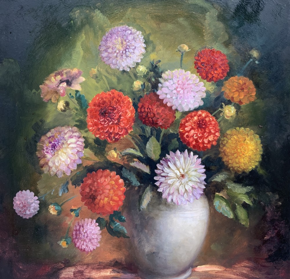 Large Superb Still Life of Dahlias Oil Painting by James Hardaker (1901-1991) View IV