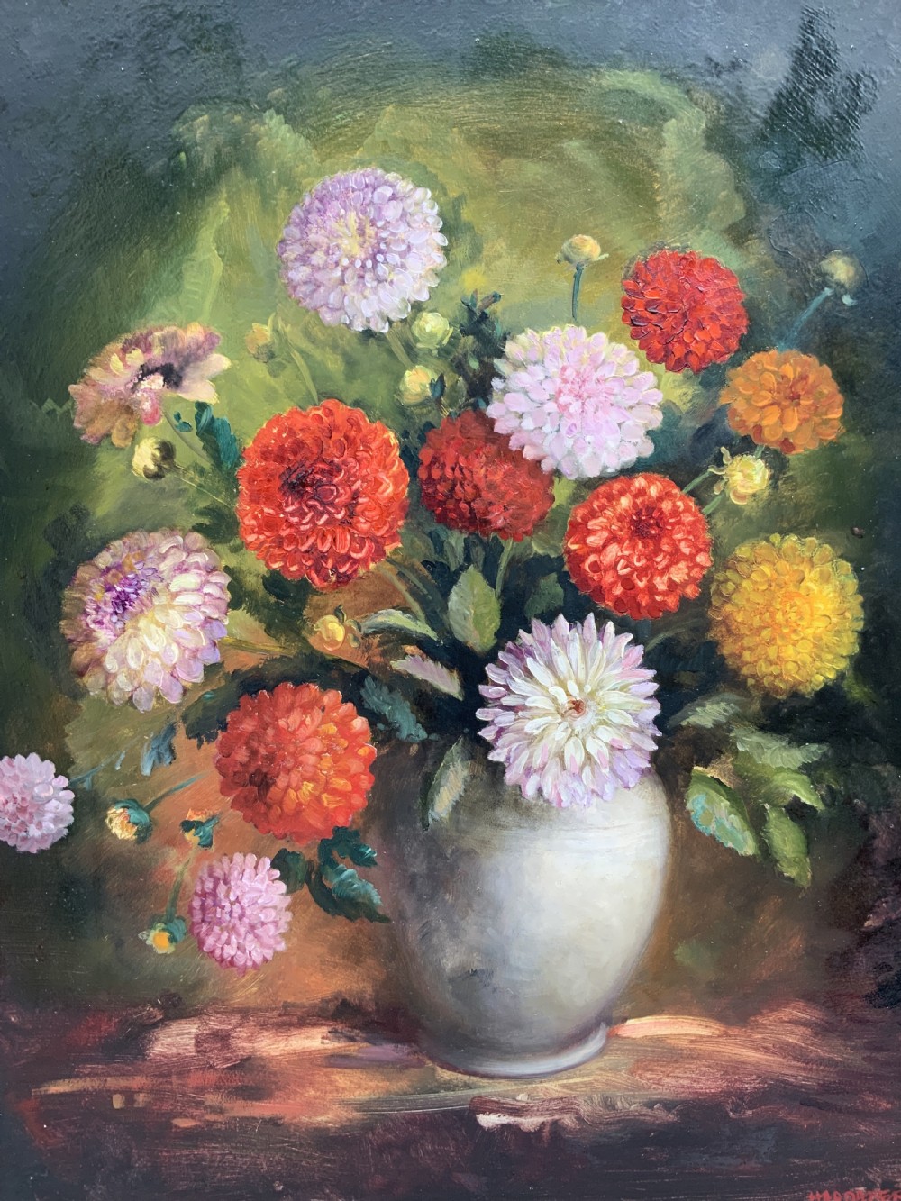 Large Superb Still Life of Dahlias Oil Painting by James Hardaker (1901-1991) View VI