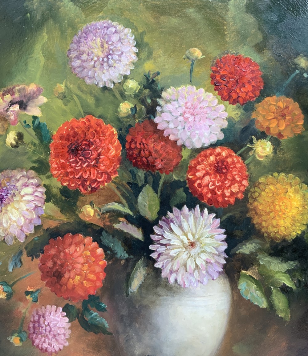 Large Superb Still Life of Dahlias Oil Painting by James Hardaker (1901-1991) View VII