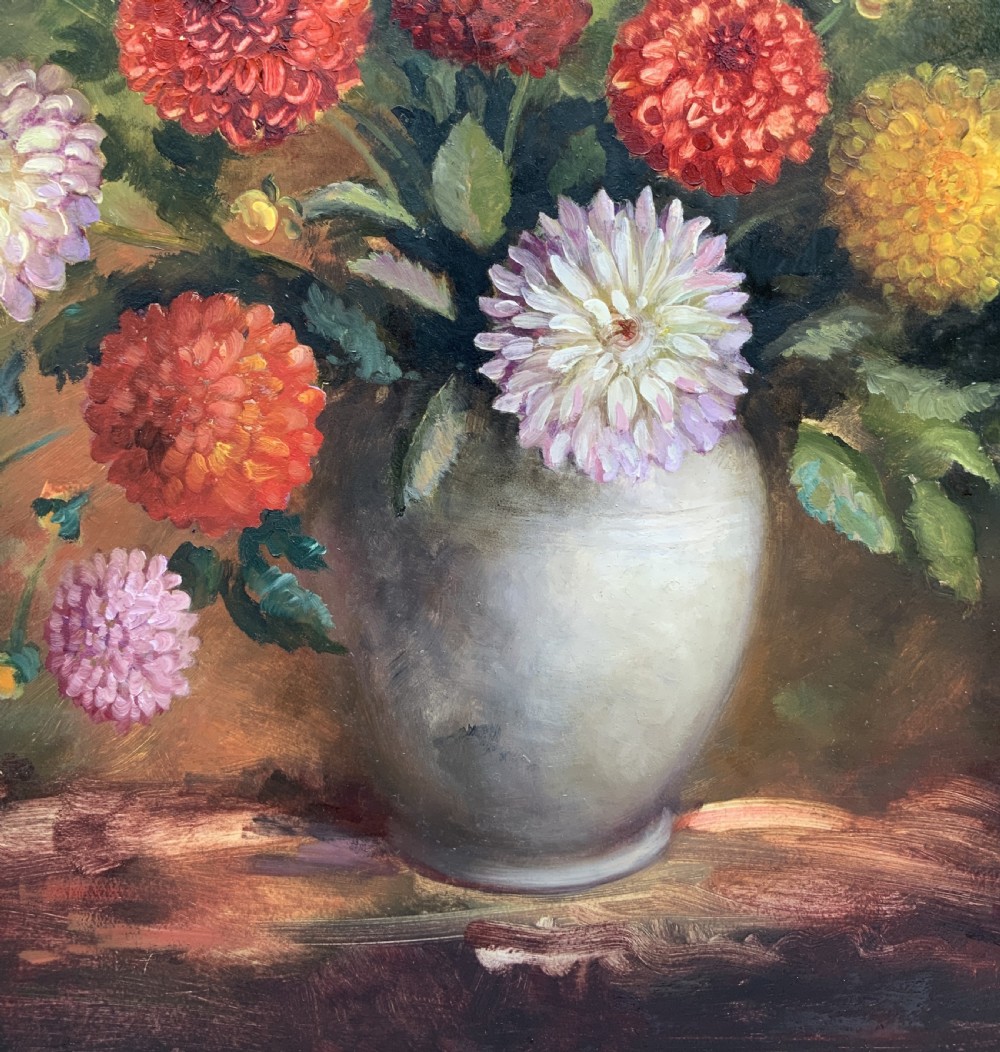 Large Superb Still Life of Dahlias Oil Painting by James Hardaker (1901-1991) View VIII