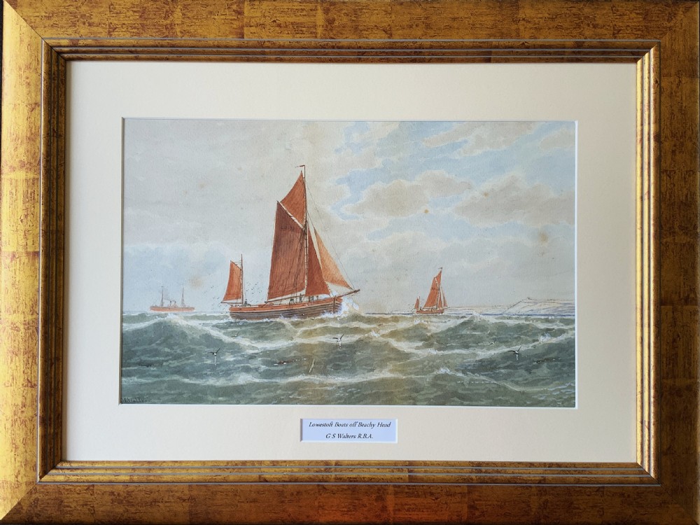 A framed Victorian watercolour painting depicting sailing vessels on a choppy sea off Beachy Head, presented within a gold gilt frame and mount.