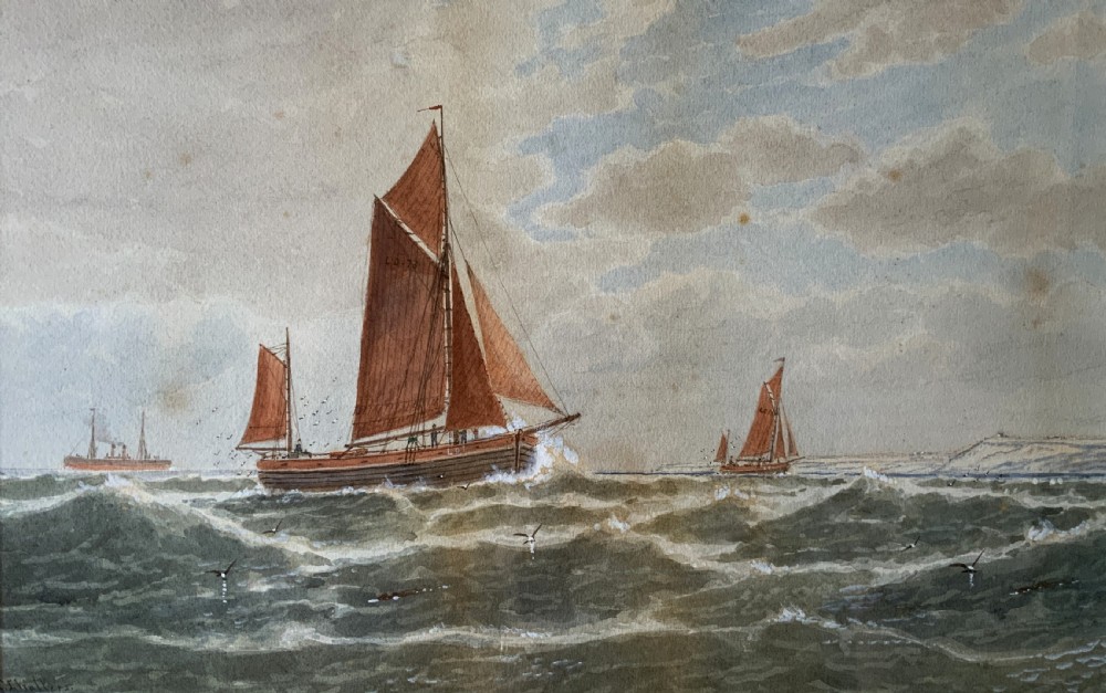 A framed Victorian watercolour painting depicting sailing vessels on a choppy sea off Beachy Head, presented within a gold gilt frame and mount. View III