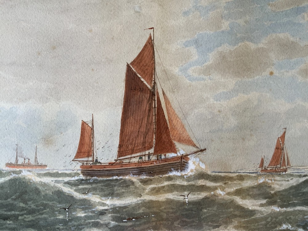 A framed Victorian watercolour painting depicting sailing vessels on a choppy sea off Beachy Head, presented within a gold gilt frame and mount. View V
