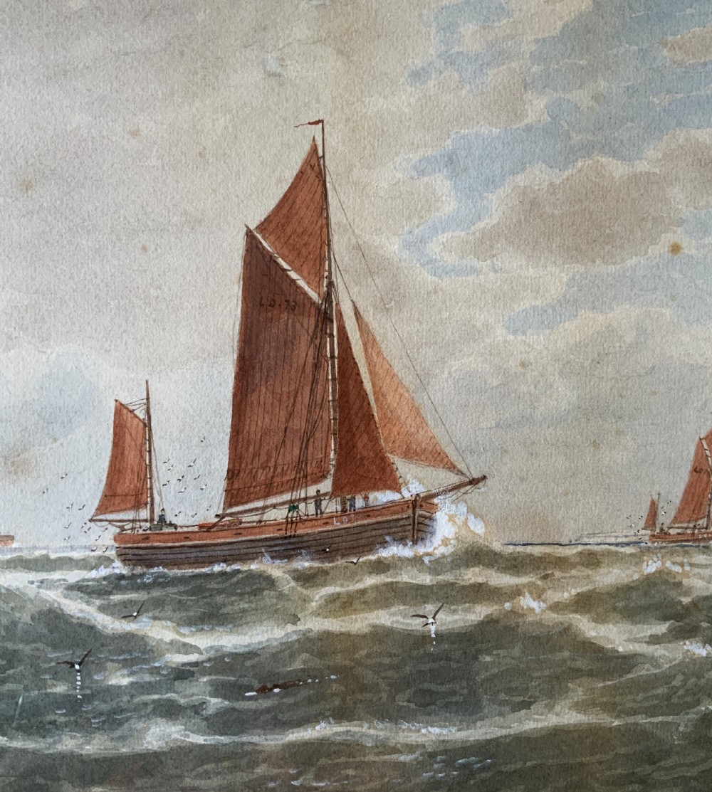 A framed Victorian watercolour painting depicting sailing vessels on a choppy sea off Beachy Head, presented within a gold gilt frame and mount. View VII
