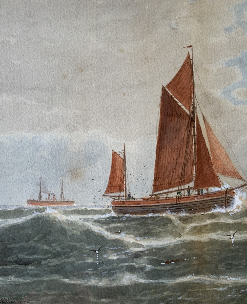 A framed Victorian watercolour painting depicting sailing vessels on a choppy sea off Beachy Head, presented within a gold gilt frame and mount. View VIII