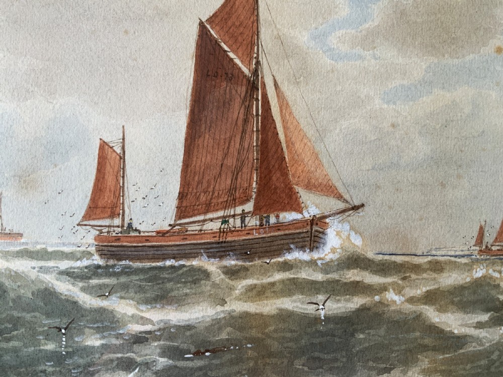 A framed Victorian watercolour painting depicting sailing vessels on a choppy sea off Beachy Head, presented within a gold gilt frame and mount. View IX