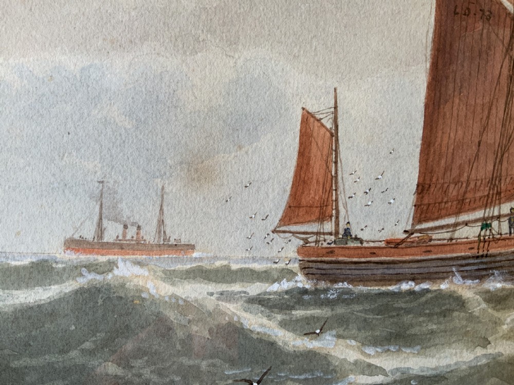 A framed Victorian watercolour painting depicting sailing vessels on a choppy sea off Beachy Head, presented within a gold gilt frame and mount. View XI