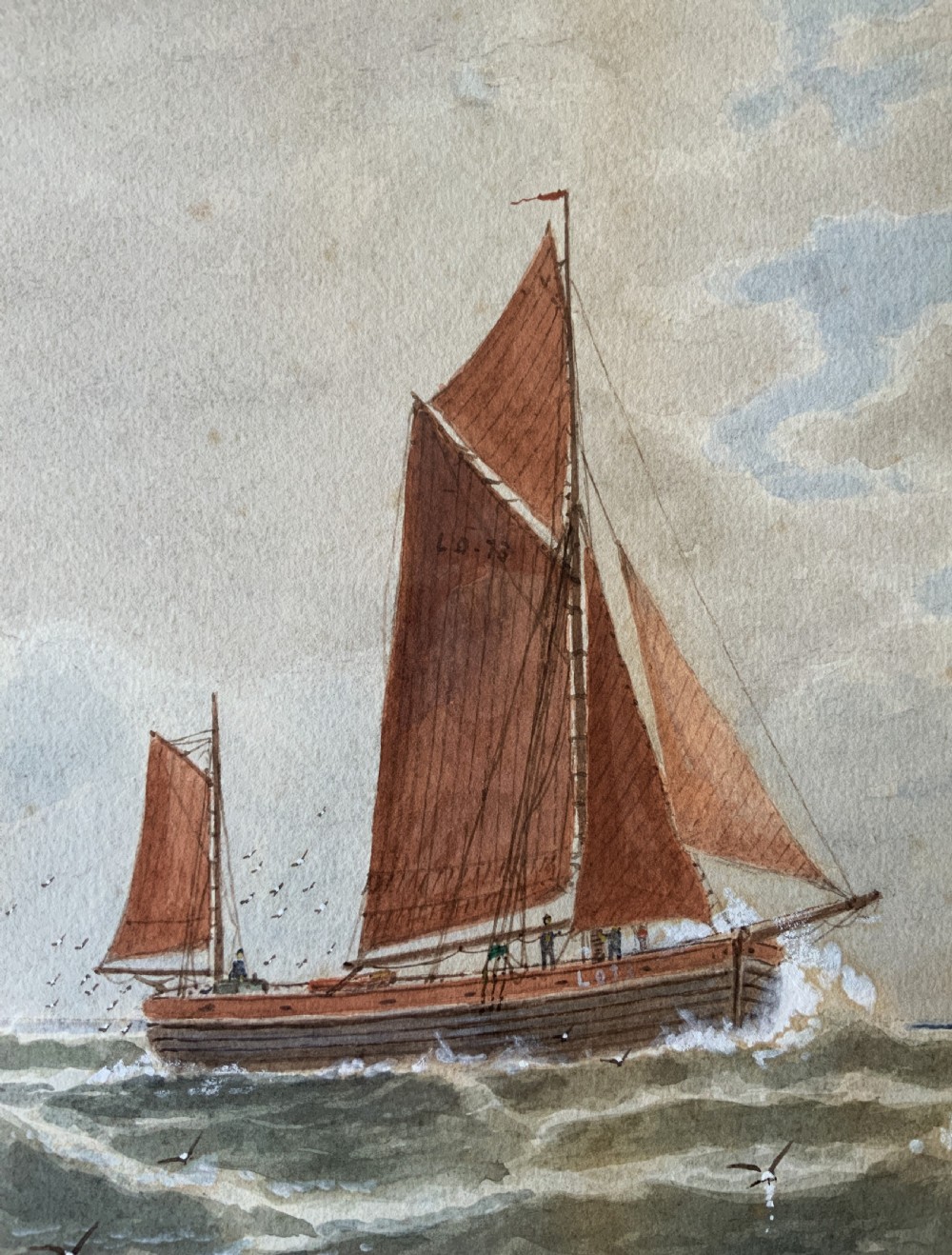 A framed Victorian watercolour painting depicting sailing vessels on a choppy sea off Beachy Head, presented within a gold gilt frame and mount. View XII