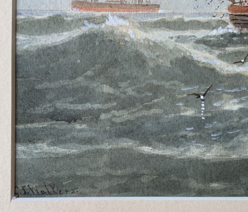A framed Victorian watercolour painting depicting sailing vessels on a choppy sea off Beachy Head, presented within a gold gilt frame and mount. View XIII