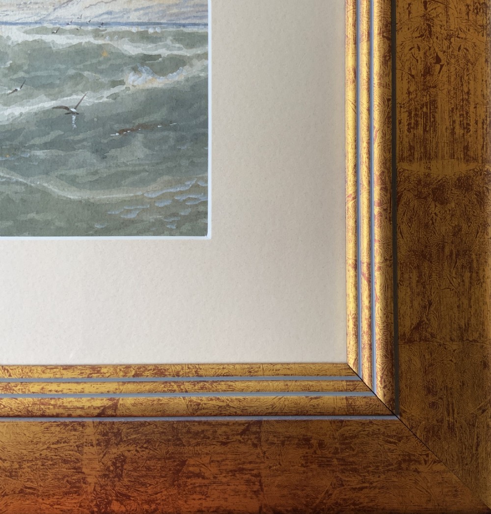 A framed Victorian watercolour painting depicting sailing vessels on a choppy sea off Beachy Head, presented within a gold gilt frame and mount. View XIV