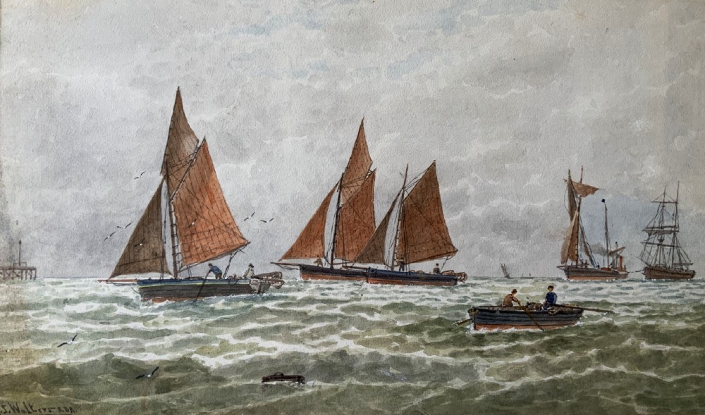 Framed Victorian watercolour painting featuring sailing barges with brown sails on choppy green waters under a cloudy sky. View III