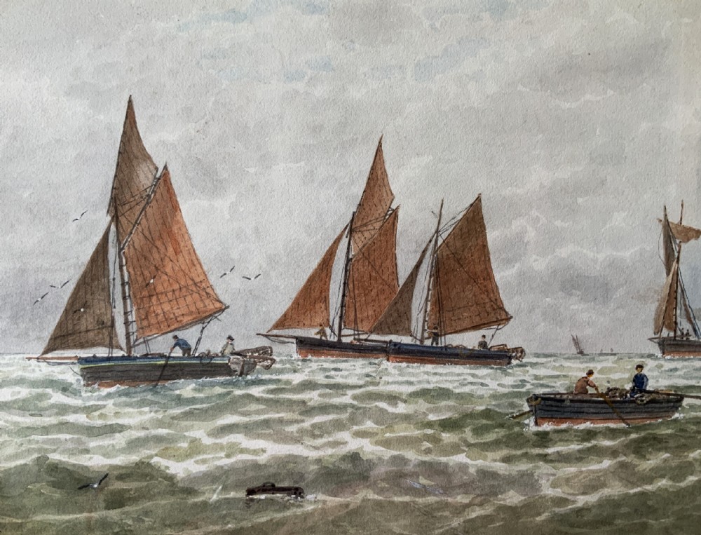 Framed Victorian watercolour painting featuring sailing barges with brown sails on choppy green waters under a cloudy sky. View IV