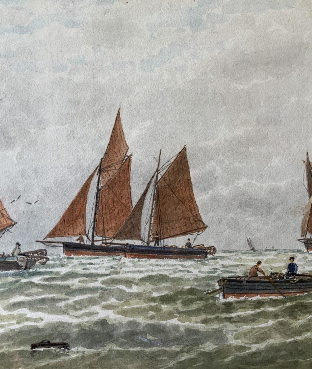 Framed Victorian watercolour painting featuring sailing barges with brown sails on choppy green waters under a cloudy sky. View VI