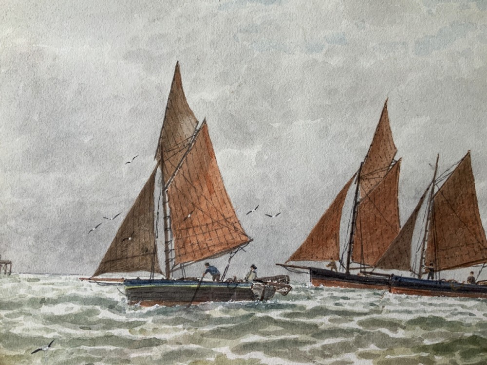 Framed Victorian watercolour painting featuring sailing barges with brown sails on choppy green waters under a cloudy sky. View VIII