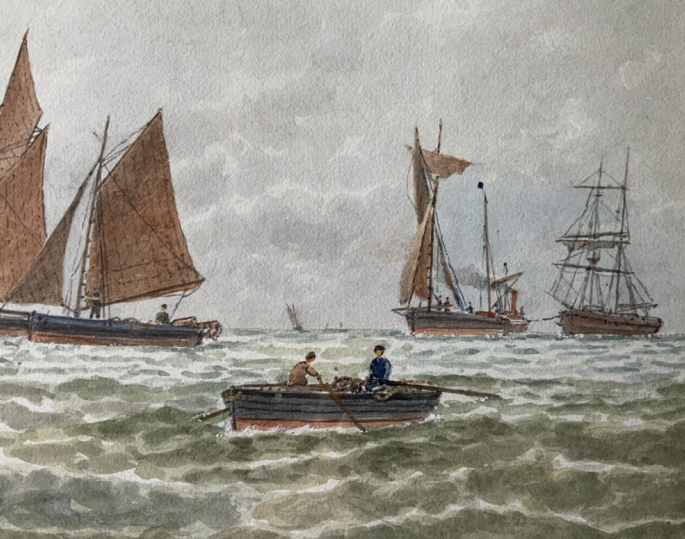 Framed Victorian watercolour painting featuring sailing barges with brown sails on choppy green waters under a cloudy sky. View IX