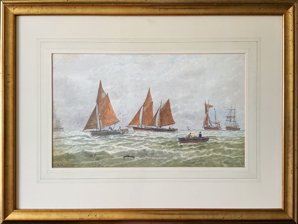 Framed Victorian watercolour painting featuring sailing barges with brown sails on choppy green waters under a cloudy sky. View XIV