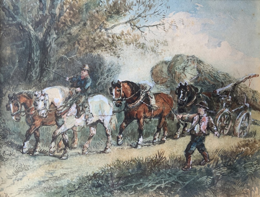 A 19th-century watercolour painting depicting draft horses pulling a timber cart along a dirt path, enclosed in a carved gilt wood frame. View II