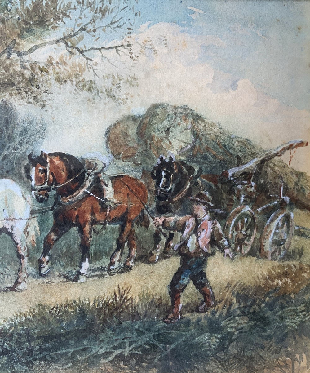A 19th-century watercolour painting depicting draft horses pulling a timber cart along a dirt path, enclosed in a carved gilt wood frame. View III