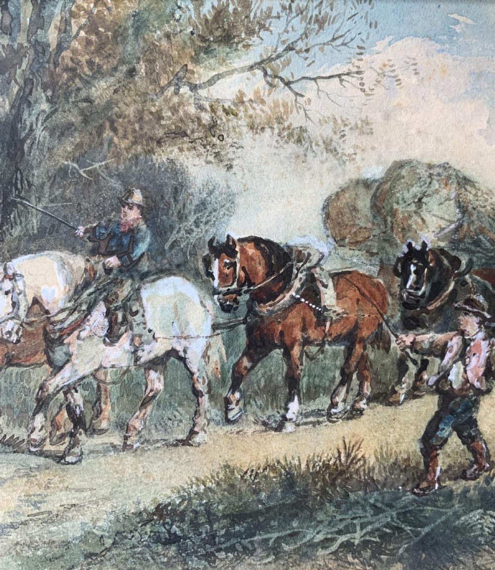 A 19th-century watercolour painting depicting draft horses pulling a timber cart along a dirt path, enclosed in a carved gilt wood frame. View IV