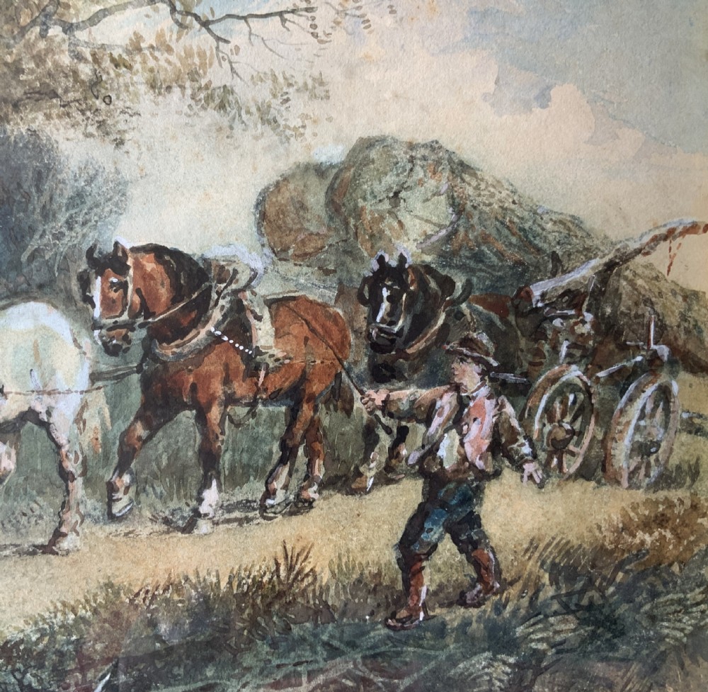 A 19th-century watercolour painting depicting draft horses pulling a timber cart along a dirt path, enclosed in a carved gilt wood frame. View VI