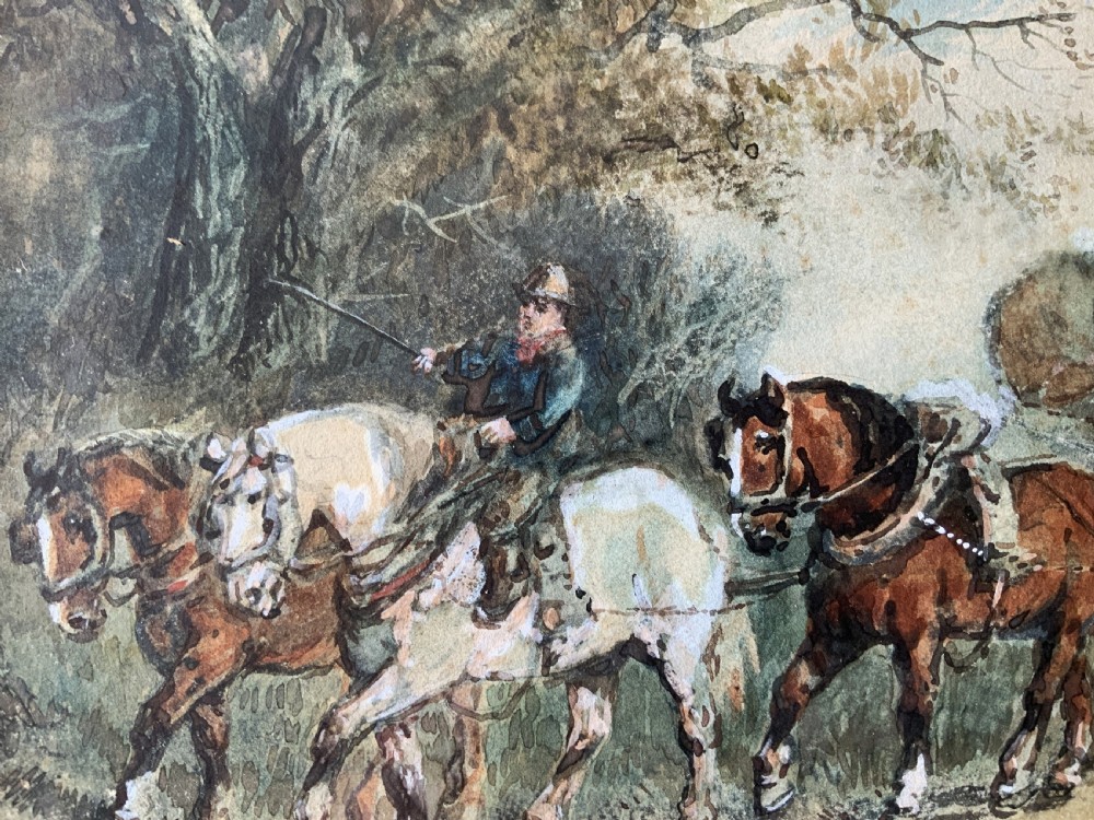 A 19th-century watercolour painting depicting draft horses pulling a timber cart along a dirt path, enclosed in a carved gilt wood frame. View VII